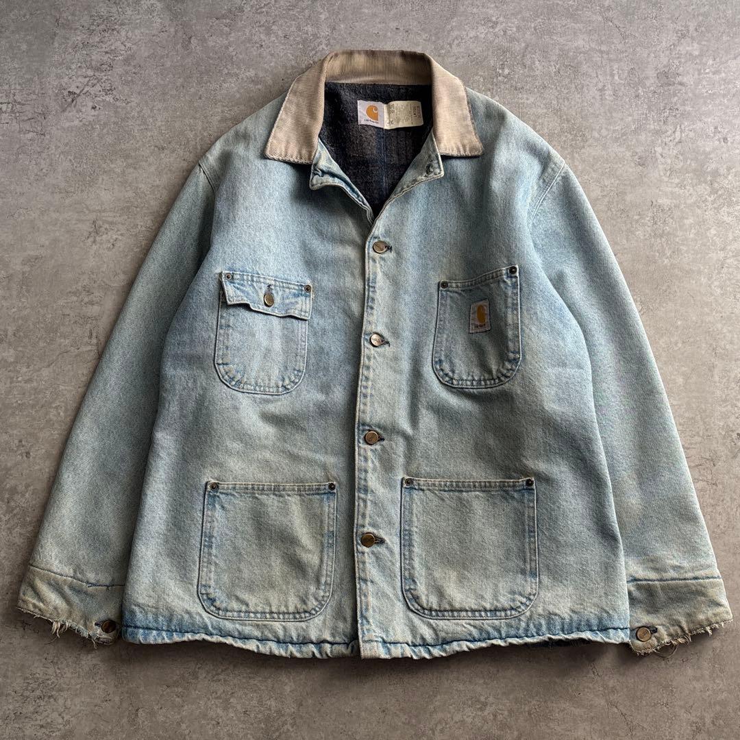 90's/USA製/carhartt【L】デニム チョアコート 襟コーデュロイ