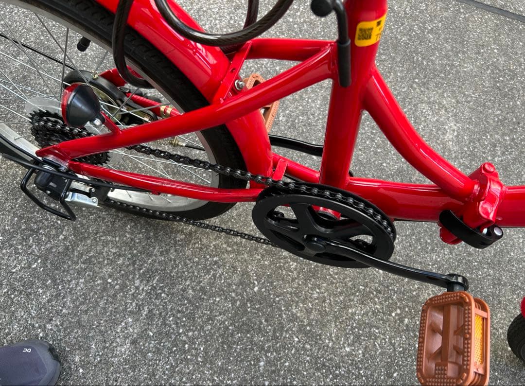 東京受渡 折り畳み自転車 20インチ 6段変速 赤 ライト・鍵・スマホホルダ付