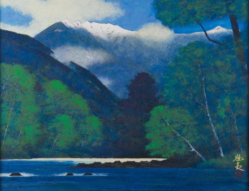 東山魁夷　岩絵具　肉筆『梓川』表サイン(印譜)　鑑定證　P10号　額装　b435