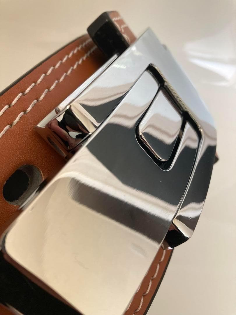 訳アリ パワーベルト レバーアクション 本革 ワンタッチ可変式 茶×光沢シルバー