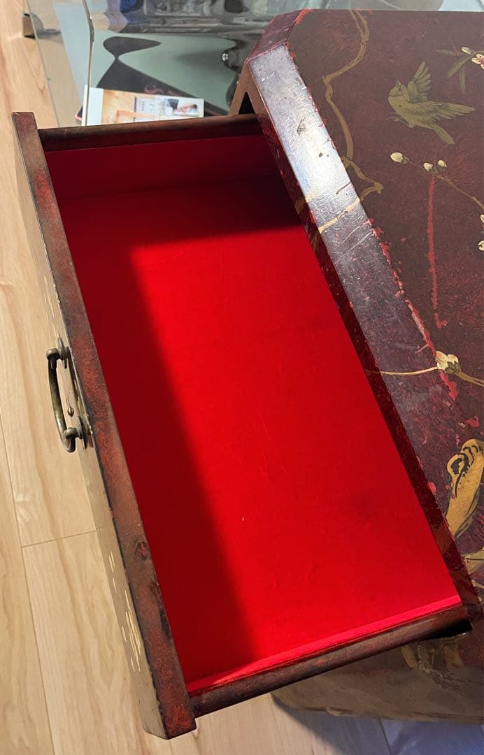 中国美術　中国家具　最高級　朱塗り　箪笥　花柄　小鳥　花鳥画