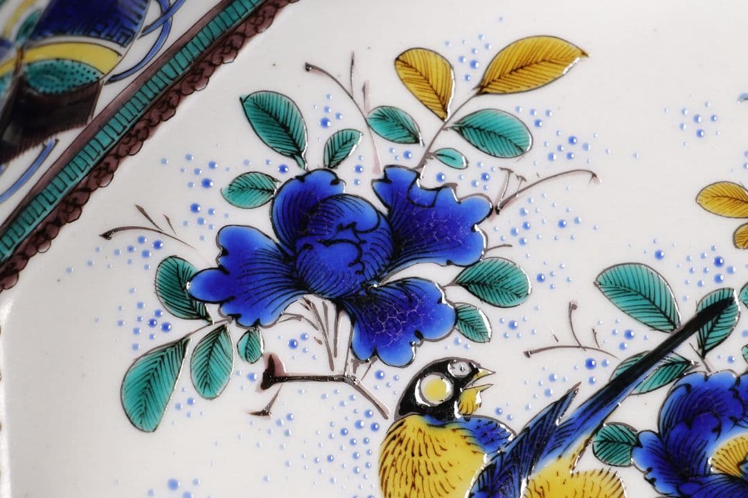 九谷焼 宮本忠夫「色絵九谷花鳥図・菓子鉢」共箱 八角鉢 陶芸 M977