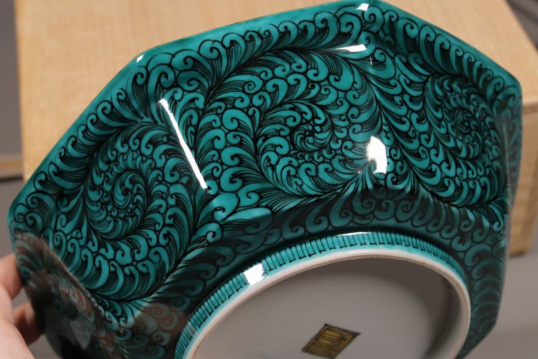 九谷焼 宮本忠夫「色絵九谷花鳥図・菓子鉢」共箱 八角鉢 陶芸 M977