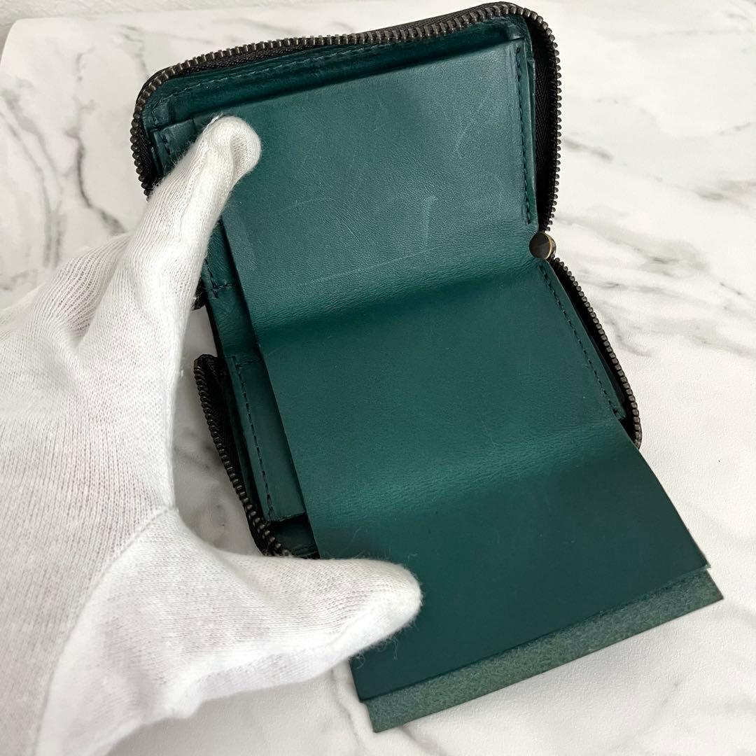 希少カラー✨エムピウ　ゾンゾ　コンパクト財布　ラウンドジップ　緑青　レザー　箱付