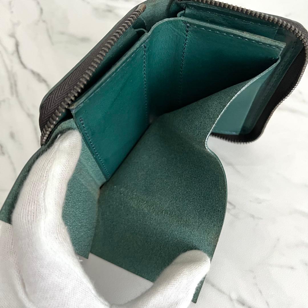 希少カラー✨エムピウ　ゾンゾ　コンパクト財布　ラウンドジップ　緑青　レザー　箱付