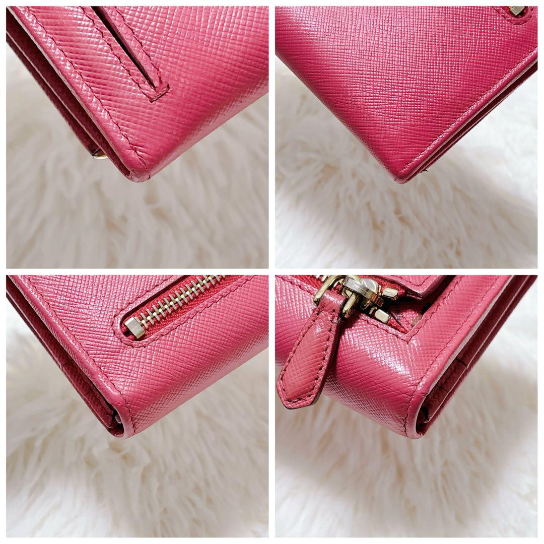 PRADA サフィアーノレザー フラップ 長財布 メタルロゴ ピンク