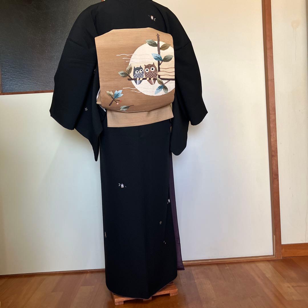 K*O様 フクロウ刺繍の黒い小紋着物　袋帯