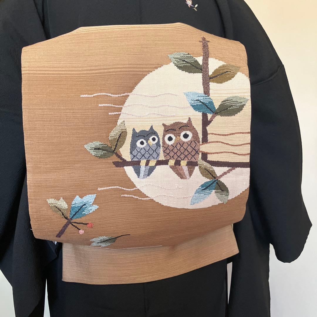 K*O様 フクロウ刺繍の黒い小紋着物　袋帯