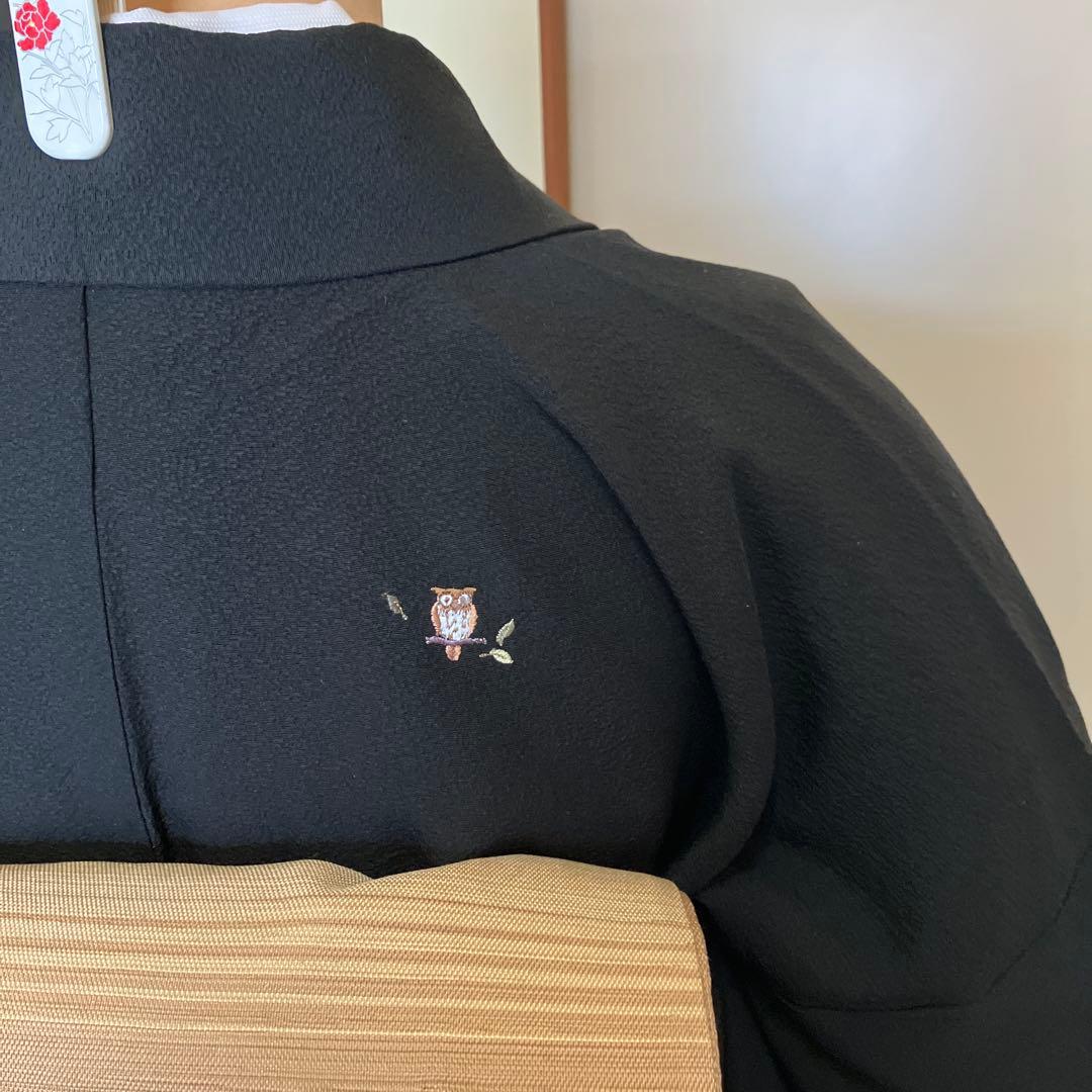 K*O様 フクロウ刺繍の黒い小紋着物　袋帯