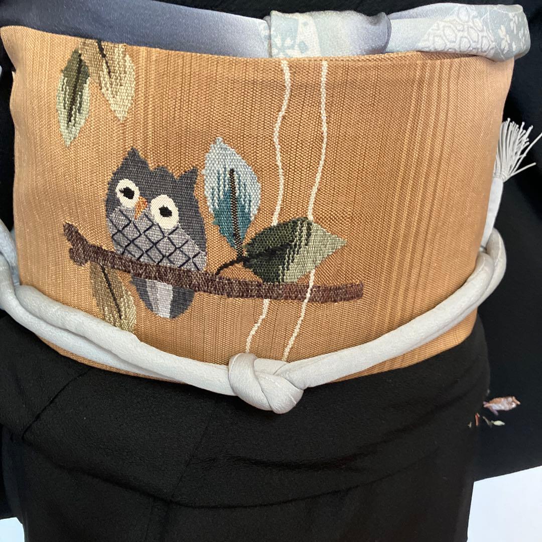 K*O様 フクロウ刺繍の黒い小紋着物　袋帯
