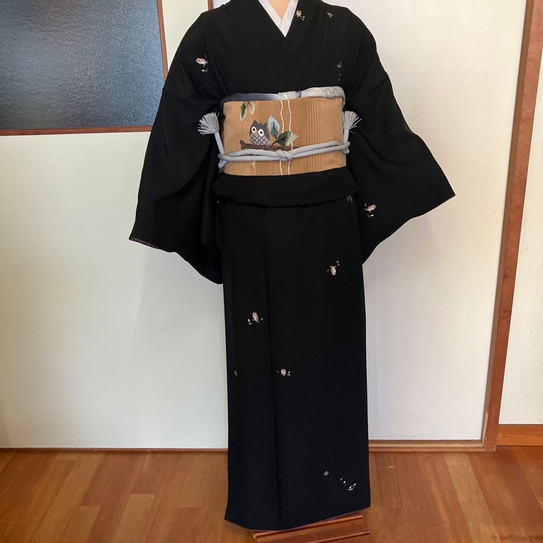 K*O様 フクロウ刺繍の黒い小紋着物　袋帯