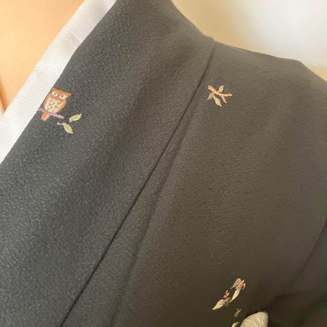 K*O様 フクロウ刺繍の黒い小紋着物　袋帯