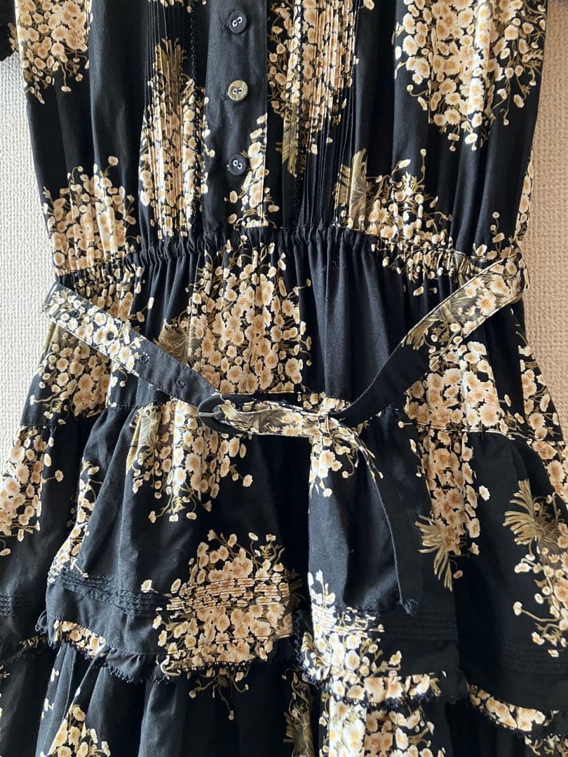 PINK HOUSE ピンクハウス 花柄段々フリルワンピース ブラック ベルト付