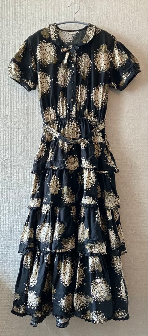 PINK HOUSE ピンクハウス 花柄段々フリルワンピース ブラック ベルト付