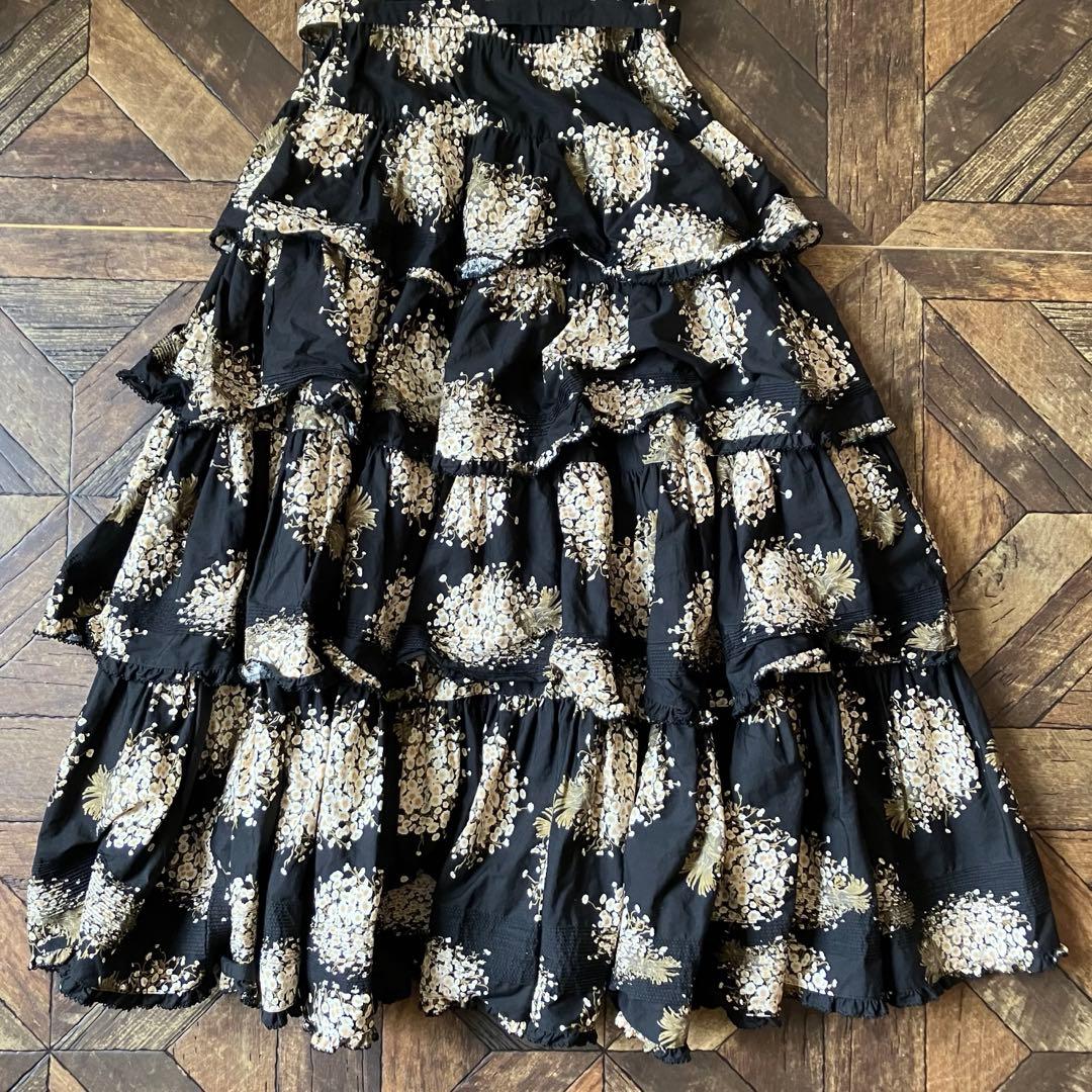 PINK HOUSE ピンクハウス 花柄段々フリルワンピース ブラック ベルト付