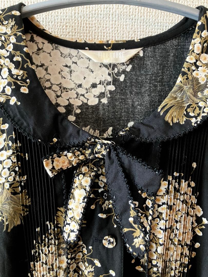 PINK HOUSE ピンクハウス 花柄段々フリルワンピース ブラック ベルト付