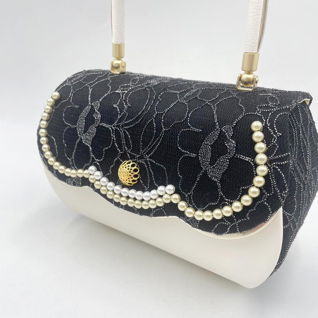 豪華ビーズパール刺繍　本格カブセ　振袖バッグ草履セット ブラック