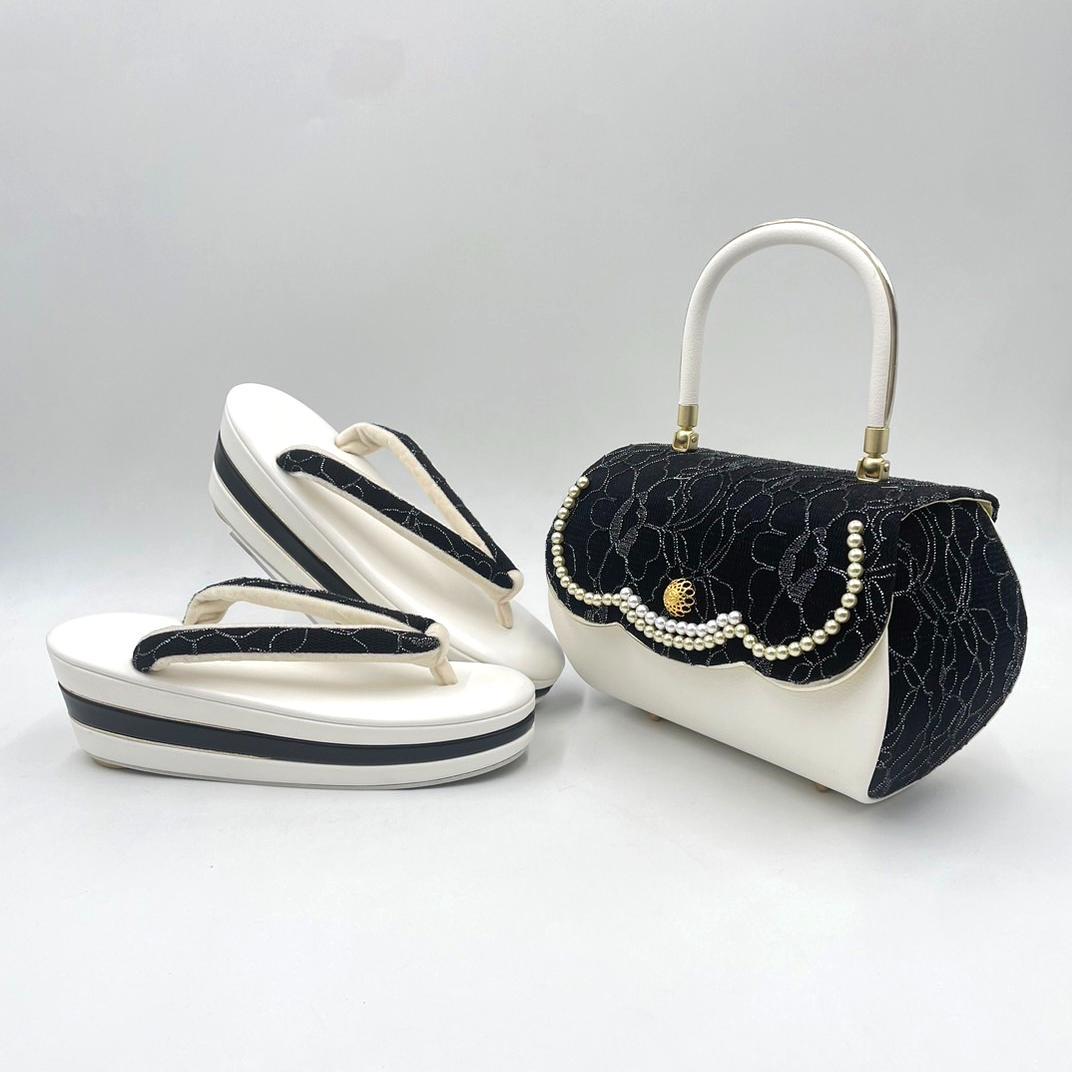 豪華ビーズパール刺繍　本格カブセ　振袖バッグ草履セット ブラック