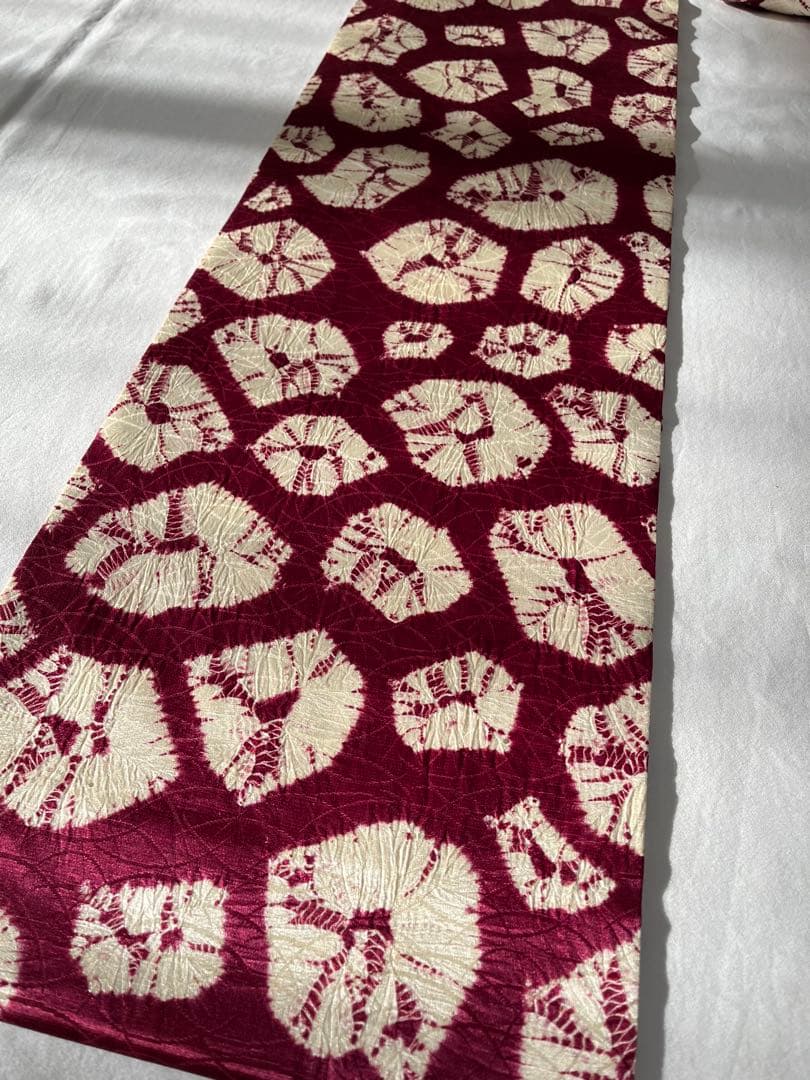 手蜘蛛絞り【名古屋帯】正絹　赤紫色　訳あり商品