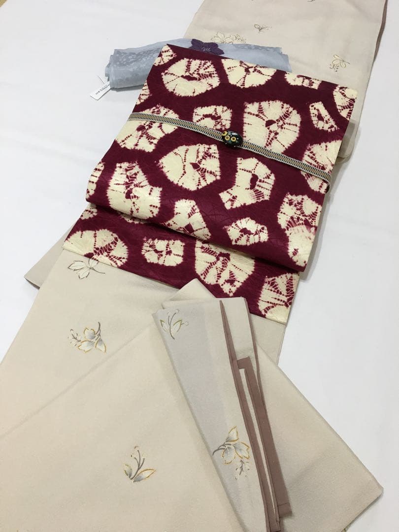 手蜘蛛絞り【名古屋帯】正絹　赤紫色　訳あり商品