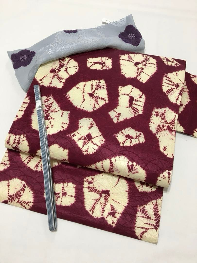 手蜘蛛絞り【名古屋帯】正絹　赤紫色　訳あり商品