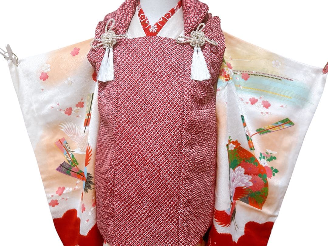 人気総絞り被布♡七五三　3歳　女の子　フルセット　赤　鶴