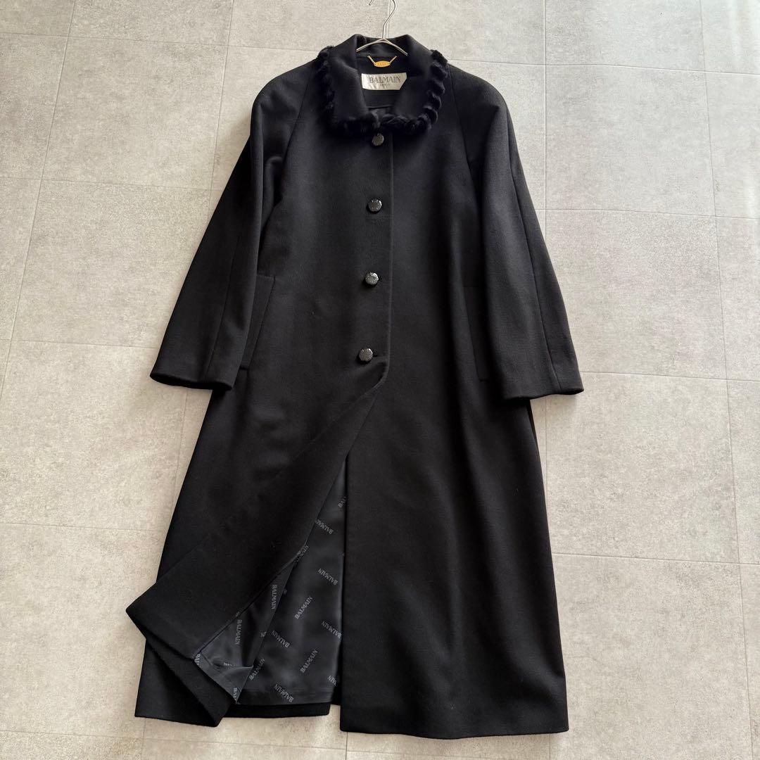 バルマン　ロングコート　カシミヤ混　アンゴラ混　ミンク襟　黒　9