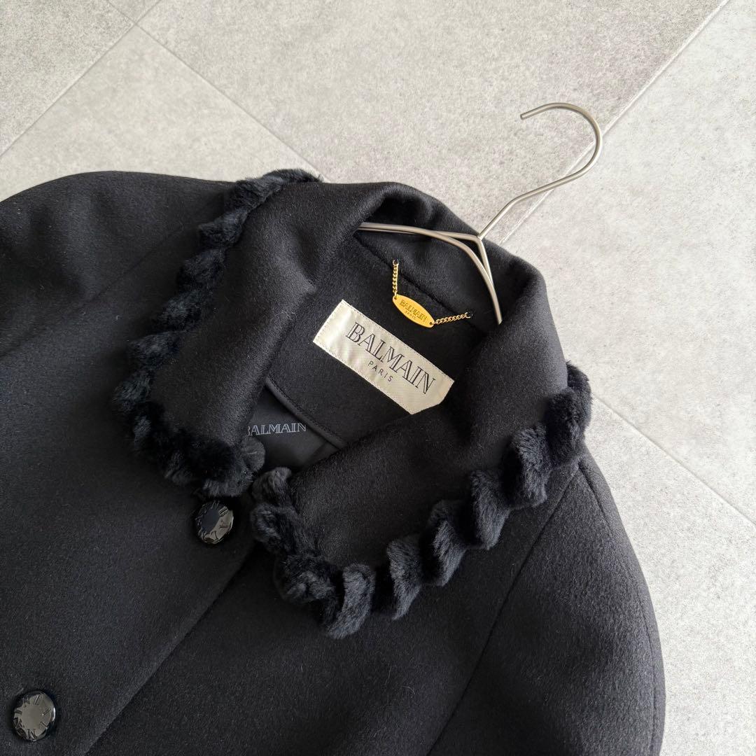 バルマン　ロングコート　カシミヤ混　アンゴラ混　ミンク襟　黒　9