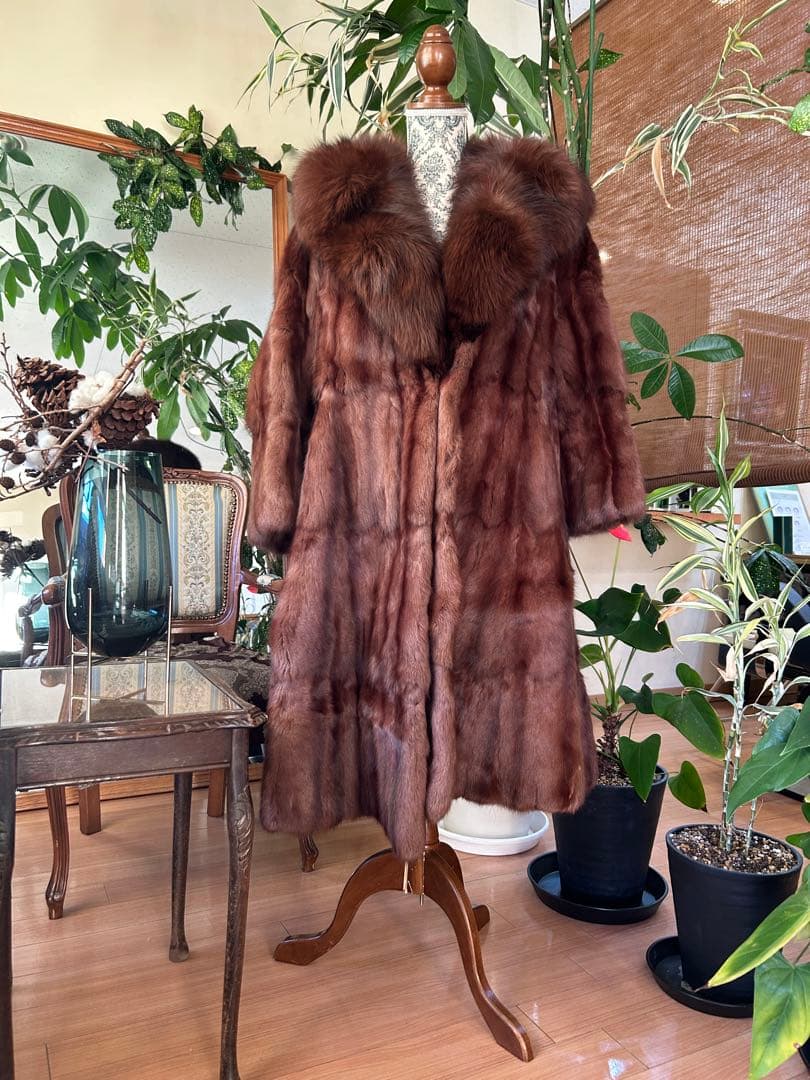 ブラウン ミンク　毛皮 ロングコート ファー襟付き