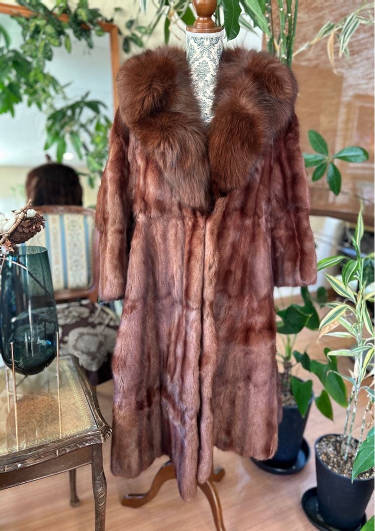 ブラウン ミンク　毛皮 ロングコート ファー襟付き