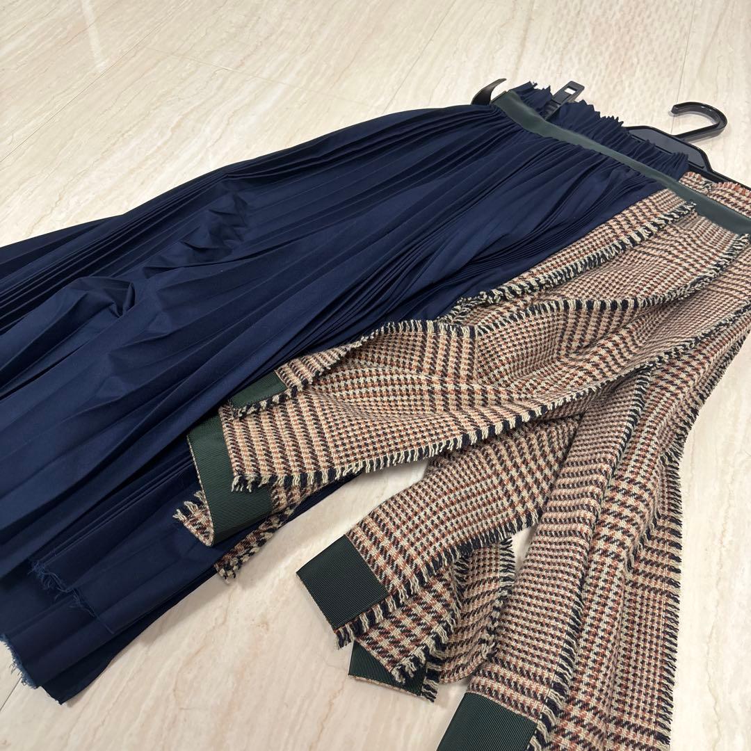 sacai 巻きスカート　プリーツスカート ネイビー チェック柄