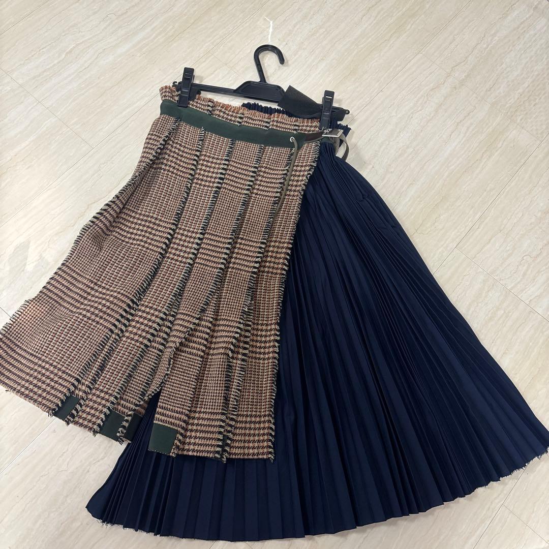 sacai 巻きスカート　プリーツスカート ネイビー チェック柄