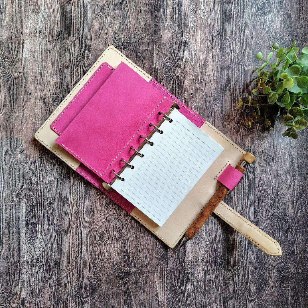 ハンドメイド 本革 システム手帳カバー ミニ6 M6 通帳ポーチ ミナペルホネン