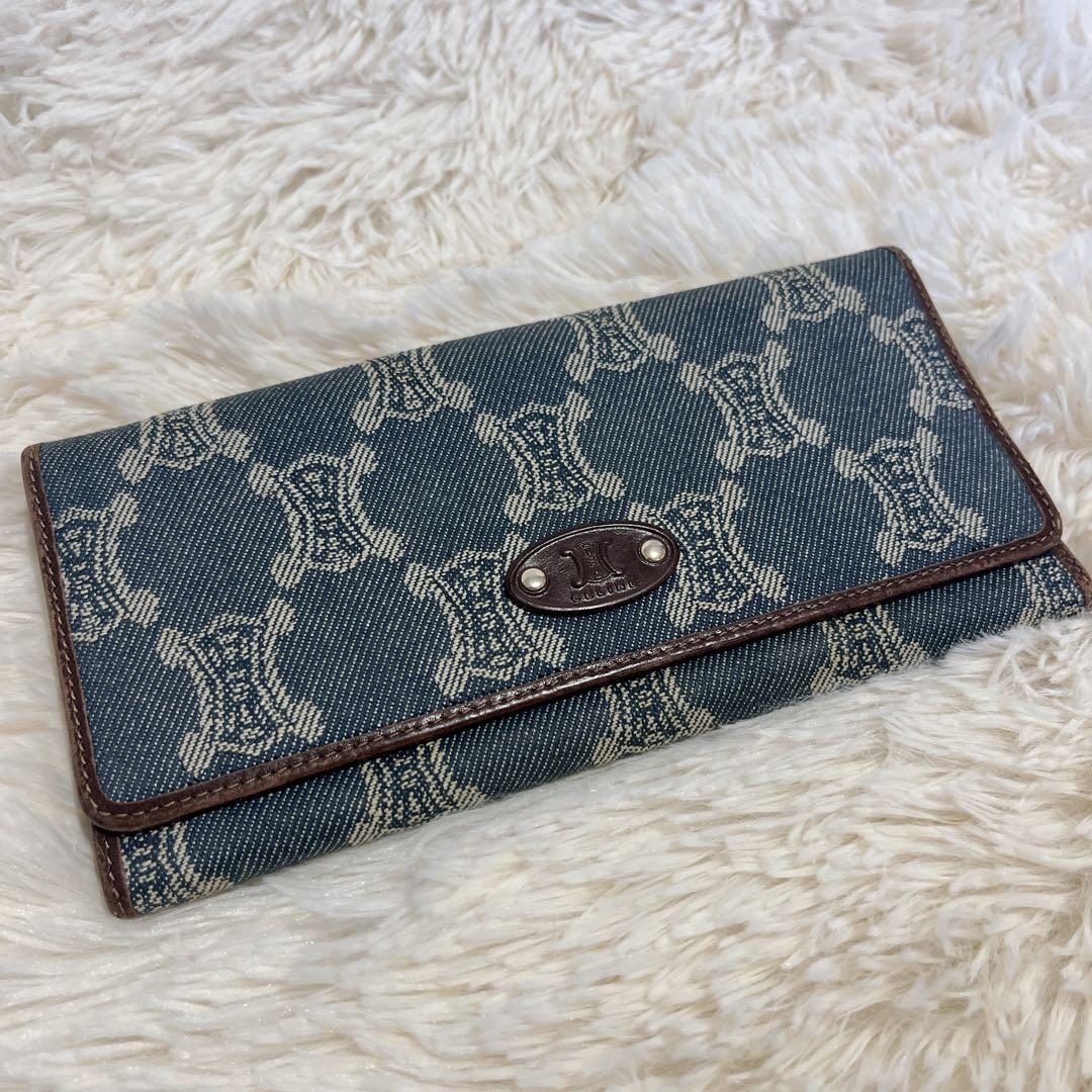 セリーヌ パリマカダム デニム ロゴ入り 長財布 インディゴカラー 総柄