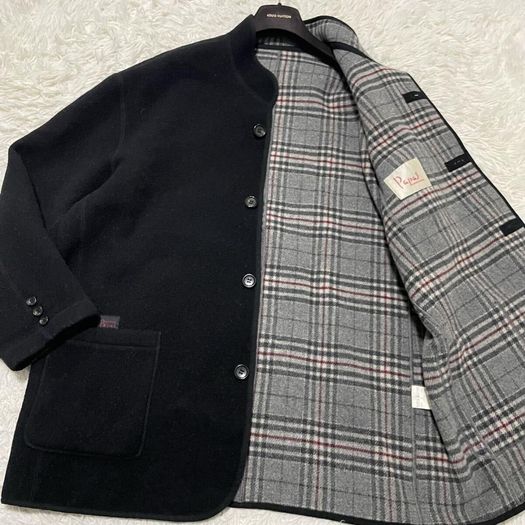 2XLサイズ相当 パパス 圧縮ウール ニットジャケット ブラック チェック柄