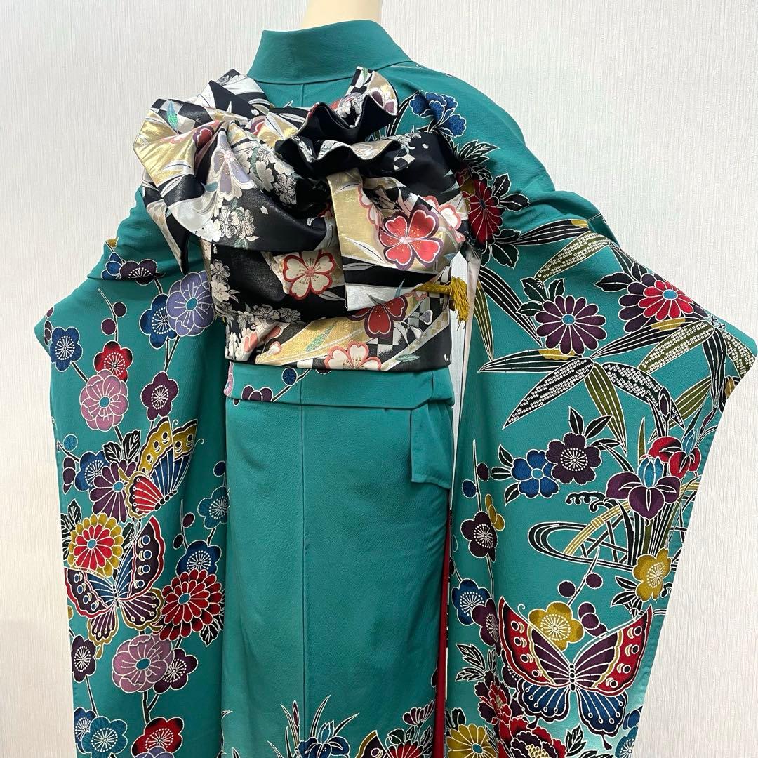 梅乃【159】正絹　振袖　セット　前撮り　成人式　撮影　紅型　青緑　大人　古典