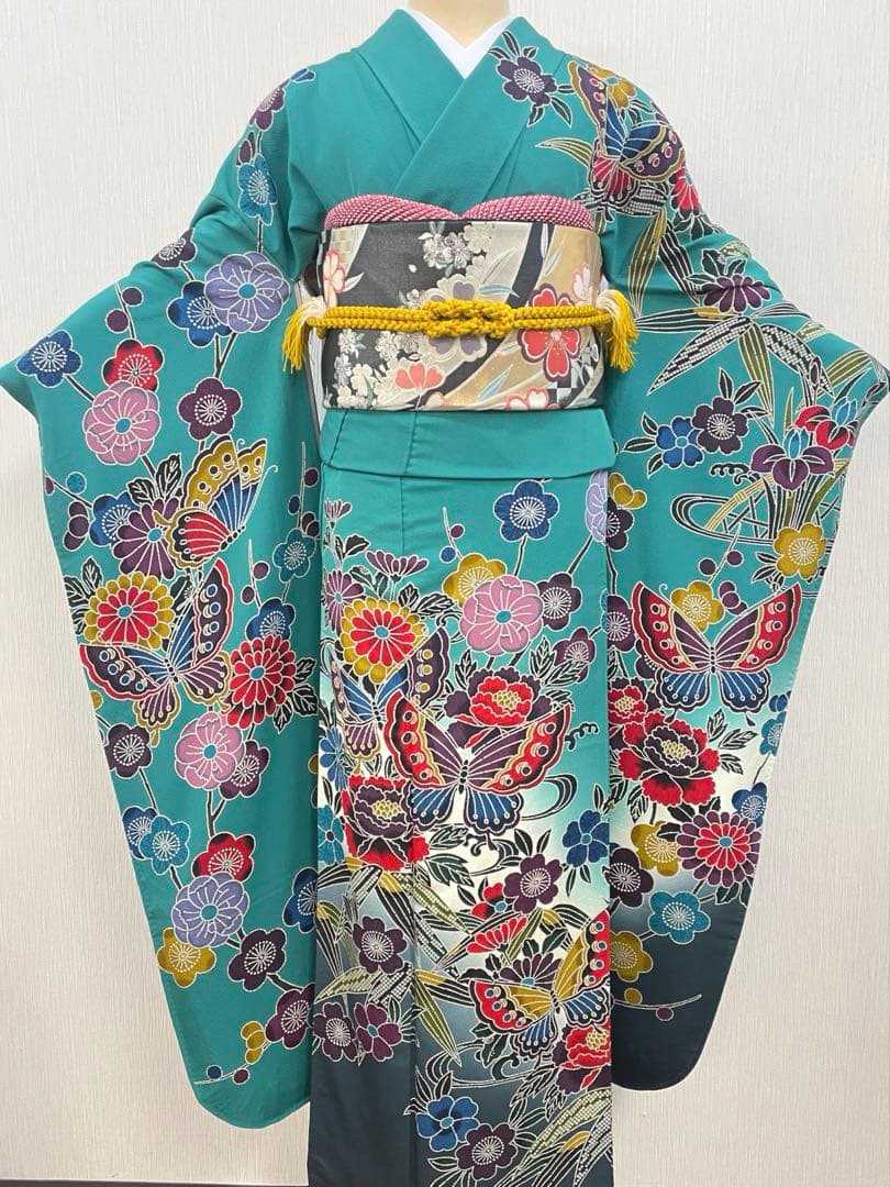 梅乃【159】正絹　振袖　セット　前撮り　成人式　撮影　紅型　青緑　大人　古典