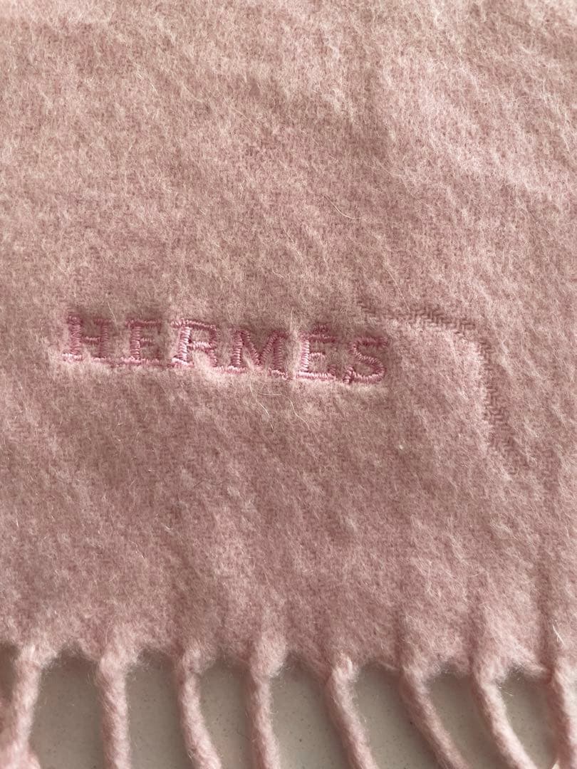 HERMES カシミヤ マフラー ピンク フリンジ付き