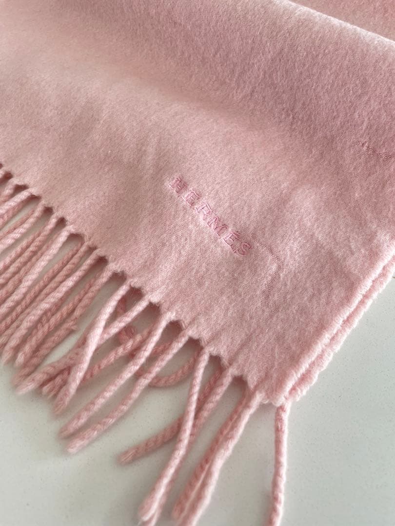 HERMES カシミヤ マフラー ピンク フリンジ付き