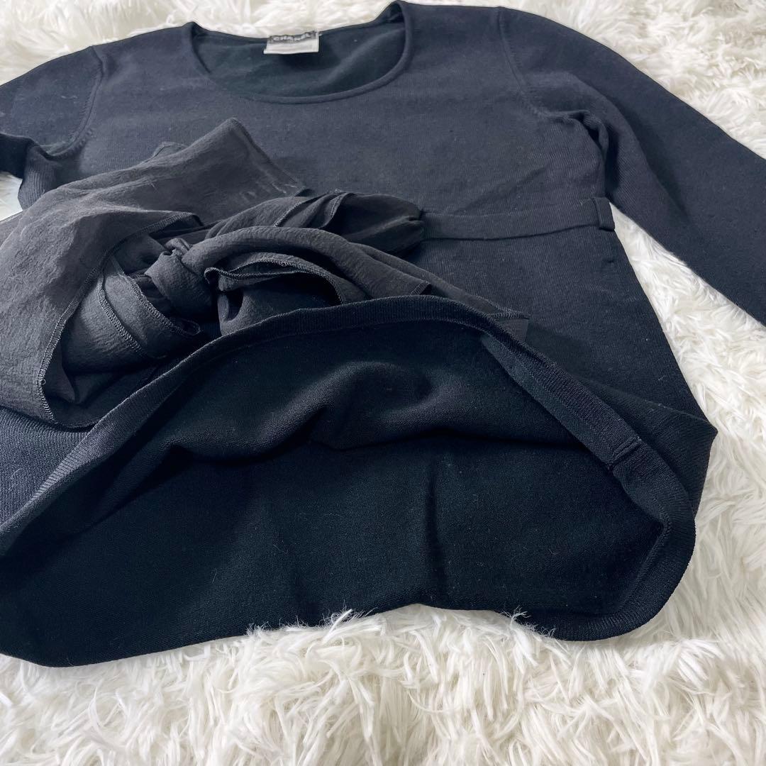 シャネル　CHANEL カットソー　ウエストリボン　袖リボン　ブラウン　黒