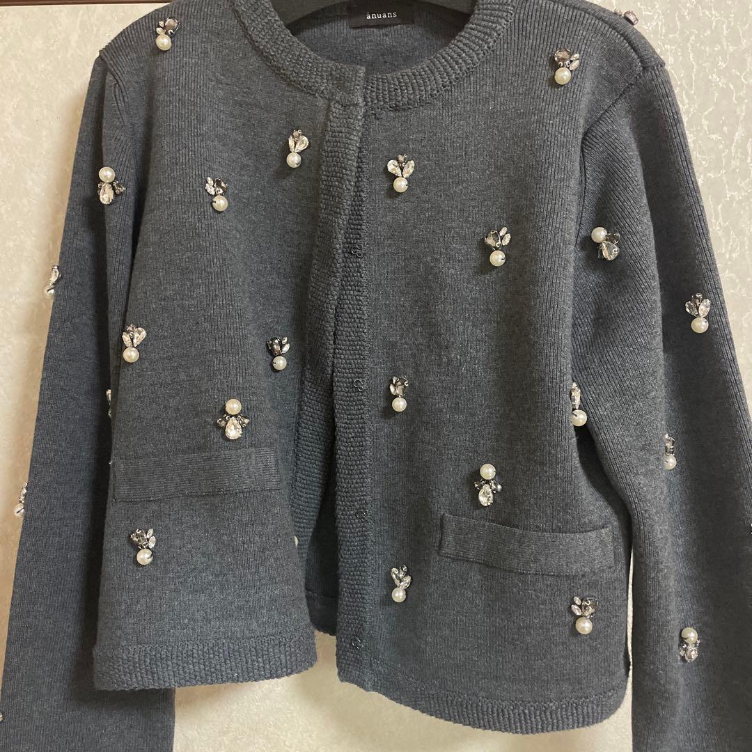 anuans ビジューニットジャケット グレー