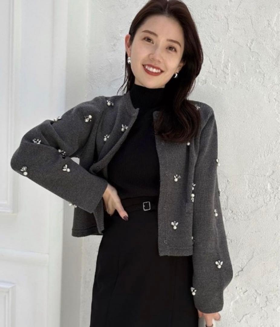 anuans ビジューニットジャケット グレー