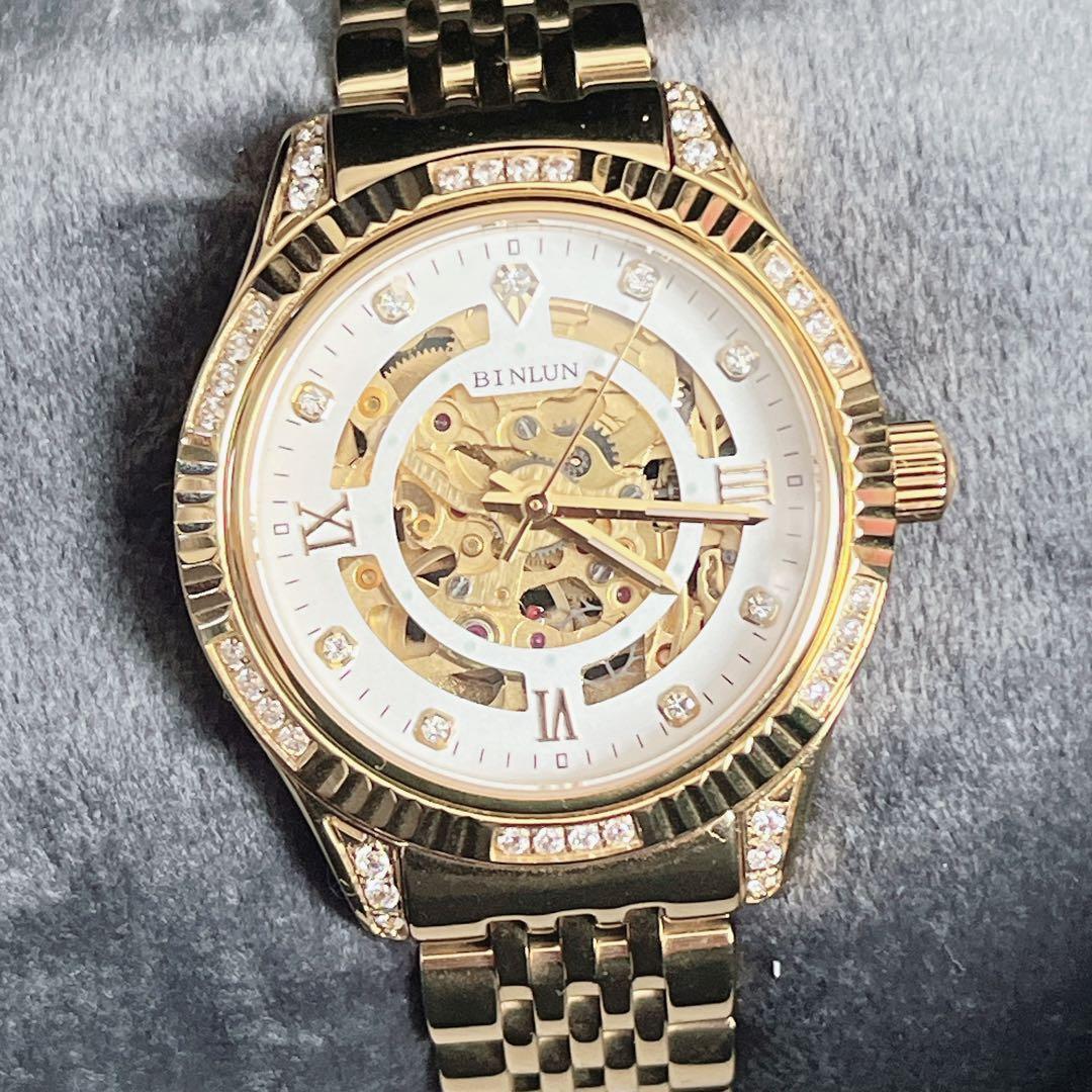 BINLUN 自動巻き時計 ゴールド レディースでもメンズでも 箱付き