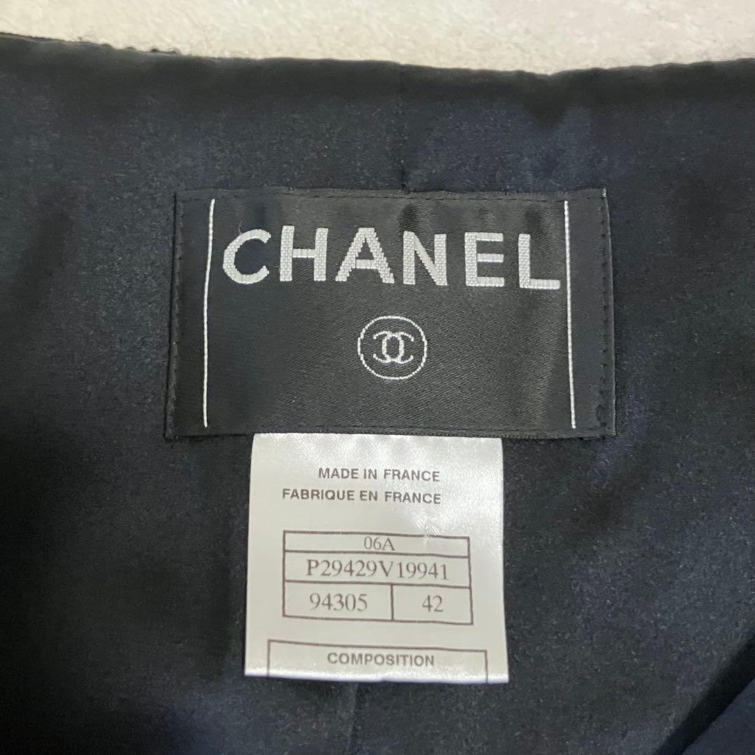 ★美品★シャネル　ツイードジャケット　42 シルク　リボン　ノーカラー 06A
