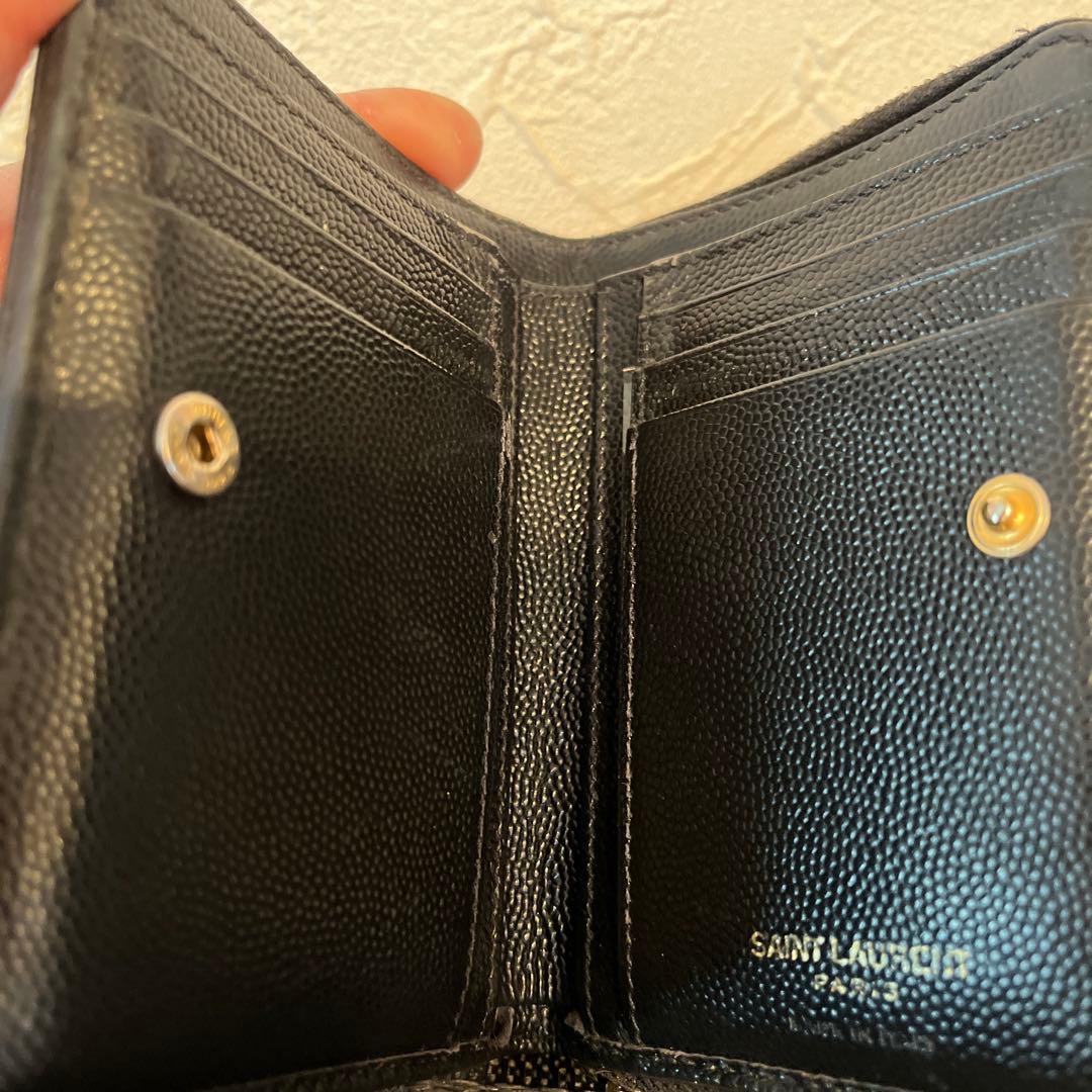 サンローラン　折り財布　キャビアスキン　黒　グレー　レザー　YSLロゴ