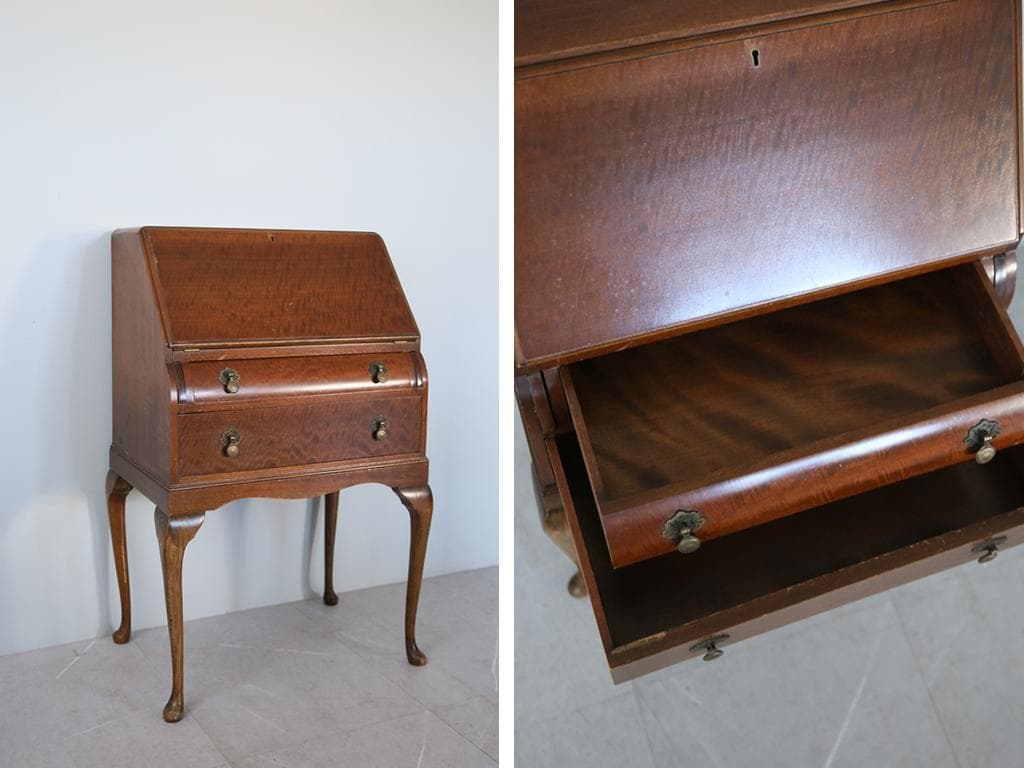 英国アンティーク猫脚ライティングビューロー/木製机/収納式デスク(89-310)