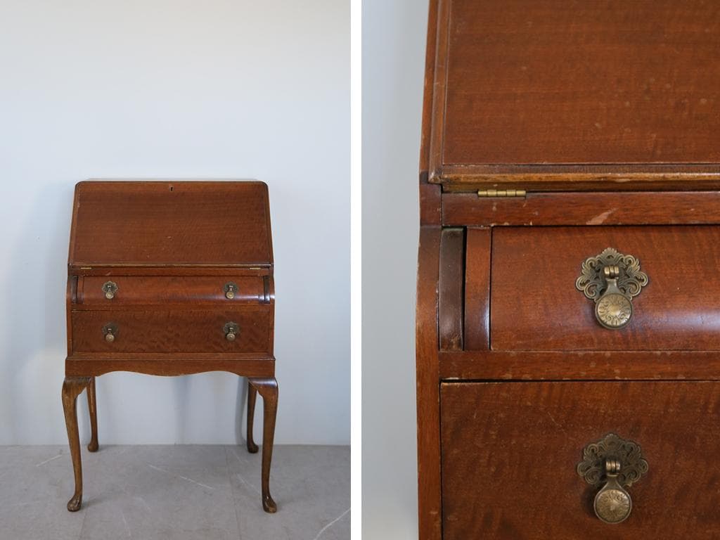 英国アンティーク猫脚ライティングビューロー/木製机/収納式デスク(89-310)