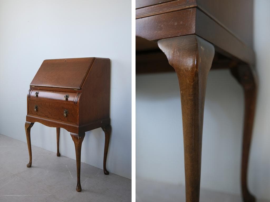 英国アンティーク猫脚ライティングビューロー/木製机/収納式デスク(89-310)