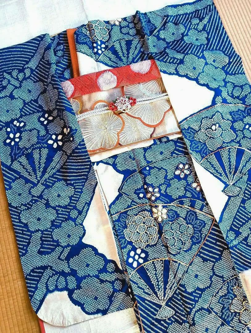 レトロモダン トールサイズ　振袖フルセット　絞り　青　丈166 裄69　美品