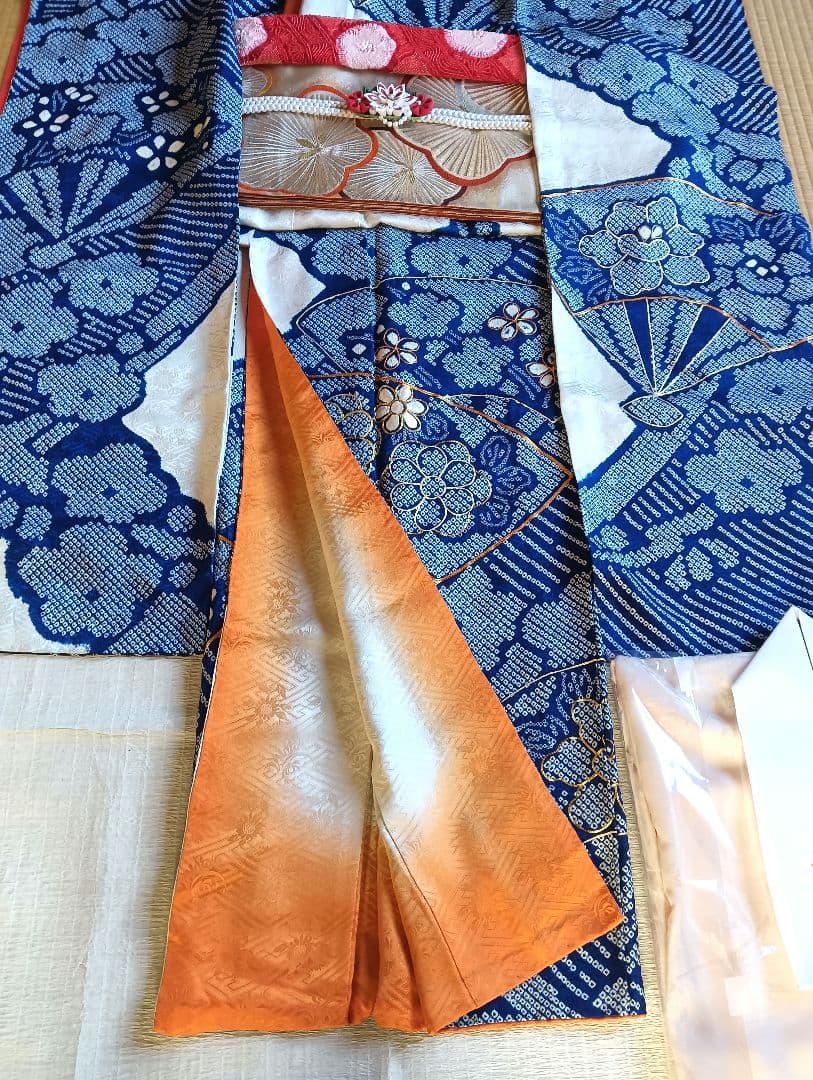 レトロモダン トールサイズ　振袖フルセット　絞り　青　丈166 裄69　美品